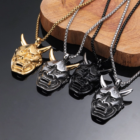 Halskette Im Japanischen Hannya Masken Stil Titanstahl Punk Gothic Dämon Totenkopf Maske Kette Für Herren Damen Hip Hop Schmuck Geschenk