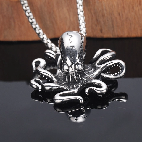 Collana Con Ciondolo Polpo in Acciaio Inossidabile per Uomo Stile Punk Gotico Invecchiato Gioielli Animale Marino Senza Catena