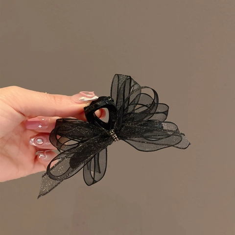 Elegant Organza Bow Hair Claw For Women Sweet Summer Mesh Rhinestone Glitter Hair Clip Princess Headwear Accessories