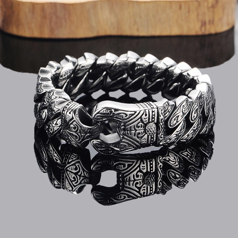 Men's Vintage Totem Stainless Steel Cuban Link Chain Bracelet Nordic Viking Style Hip Hop Jewelry Steel Color