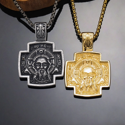 Retro Titanium Steel Jesus Savior Portrait Cross Pendant Necklace Men Punk Style Orthodox Religious Jewelry Electroplated Box Chain Necklace