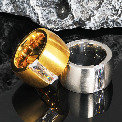 Men Titanium Steel Wide Band Ring With Rectangular Zirconia Brushed Finish Hip Hop Punk Style Fashion Jewelry Gift For Men