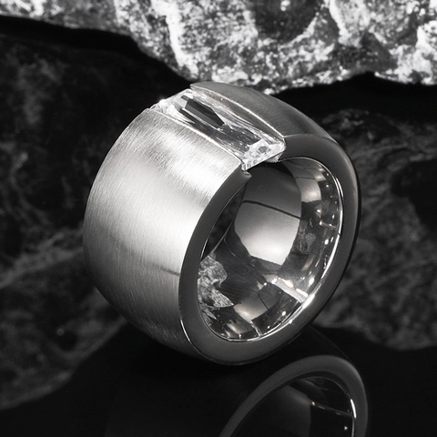 Men Titanium Steel Wide Band Ring With Rectangular Zirconia Brushed Finish Hip Hop Punk Style Fashion Jewelry Gift For Men
