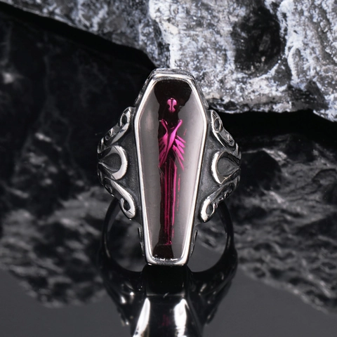 Gothic Coffin Mummy Skeleton Ring Men Titanium Steel Distressed Vintage Punk Rock Finger Jewelry Halloween Party Gift