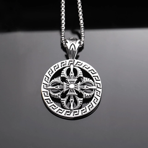 Vintage Totem Stainless Steel Round Pendant Necklace For Men Punk Greek Key Pattern Geometric Fashion Jewelry Gold Silver