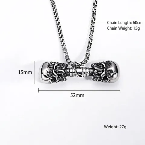 Collar con Colgante de Mancuerna de Doble Calavera Retro Acero Inoxidable Punk Gótico Hip Hop Joyería Hombre Cadena Caja
