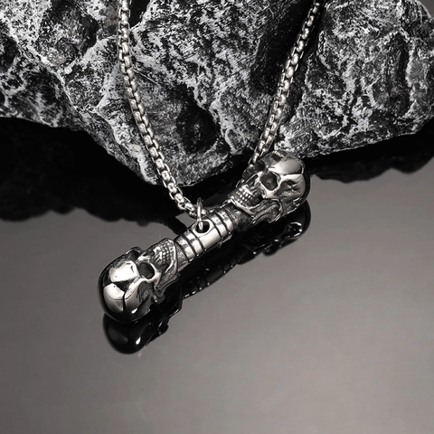 Collar con Colgante de Mancuerna de Doble Calavera Retro Acero Inoxidable Punk Gótico Hip Hop Joyería Hombre Cadena Caja