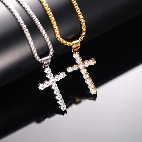 Stainless Steel Cross Pendant Necklace Full Zirconia Inlaid Gold Silver Hip Hop Jewelry Streetwear Style For Men Women