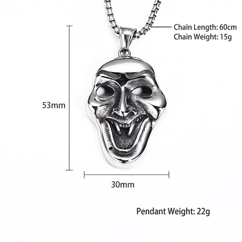 Punk Gothic Joker Mask Pendant Necklace Men Stainless Steel Fang Hip Hop Streetwear Halloween Jewelry