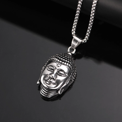 Vintage Men Stainless Steel Buddha Head Pendant Necklace Shakyamuni Titanium Steel Religious Jewelry Punk Hip Hop Necklace