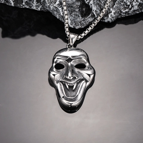 Punk Gothic Joker Mask Pendant Necklace Men Stainless Steel Fang Hip Hop Streetwear Halloween Jewelry