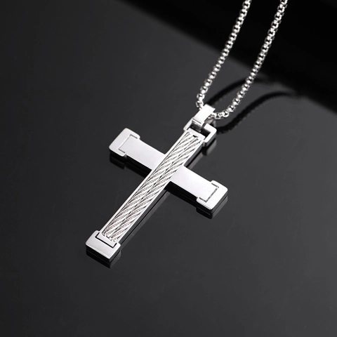 Collier Pendentif Croix en Acier Inoxydable Punk Avec Design de Câble Incrusté Bijoux de Mode Pour Hommes