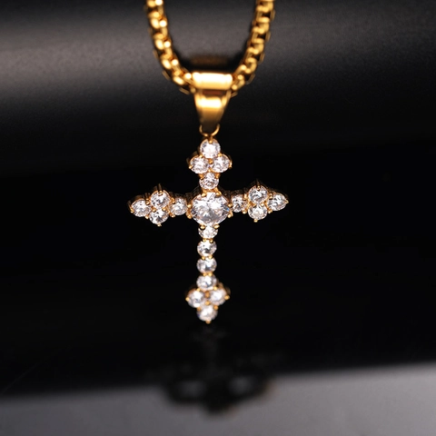 Hip Hop Gold Plated Titanium Steel Cross Pendant Necklace For Men Women Iced Out Zirconia Religious Punk Style Jewelry