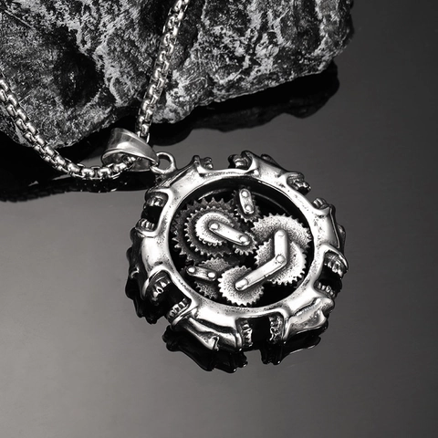 Collana con Pendente a Forma di Teschio e Ingranaggio in Acciaio al Titanio Vintage Punk per Uomo Gioielli in Stile Industriale Meccanico Distressed Senza Catena o con Catena di Perle