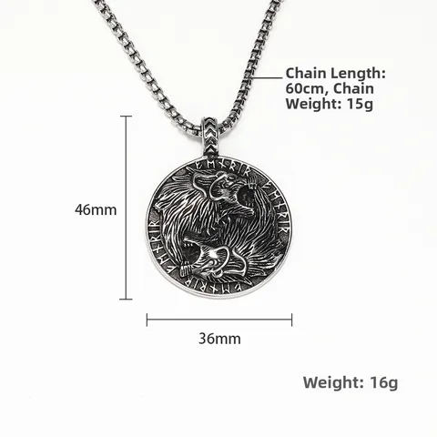 Vintage Viking Wolf King Μενταγιόν από Ατσάλι Τιτανίου Κολιέ Ανδρικό Punk Διπλό Κεφάλι Λύκου Στρογγυλό Φυλαχτό Ρούνων Κοσμήματα