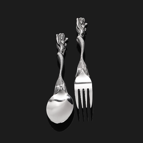 Mermaid Stainless Steel Fork Spoon Creative Embossed Handle Mirror Polished Luxury Tableware For Wedding Party Gift