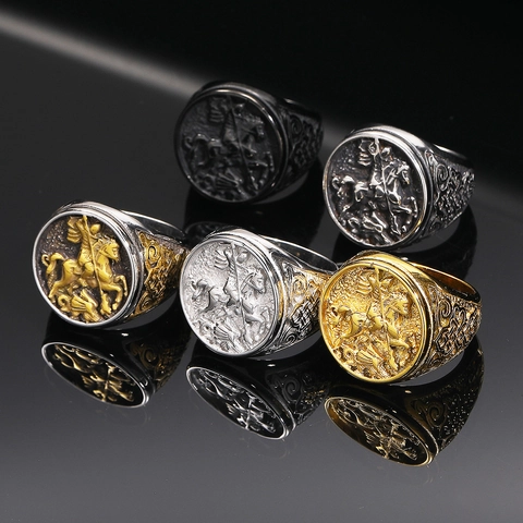 Vintage Punk Titanstahl St Georg Drachentöter Siegelring Für Herren Retro Ritter Porträt Relief Band Ring Schmuck