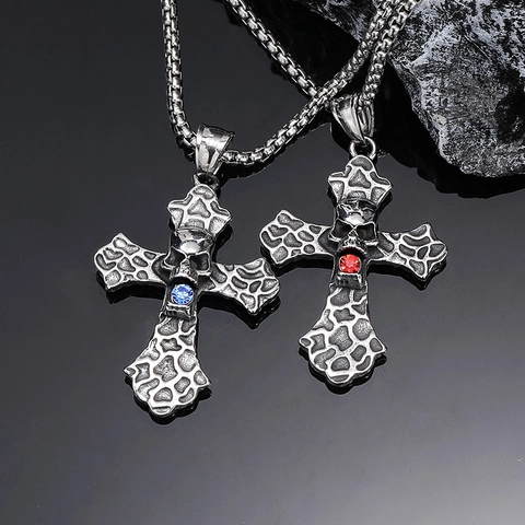 Gotisch Punk Titanstahl Totenkopf Kreuz Anhänger Halskette Mit Rot Blau Strass Retro Distressed Herren Hip Hop Schmuck