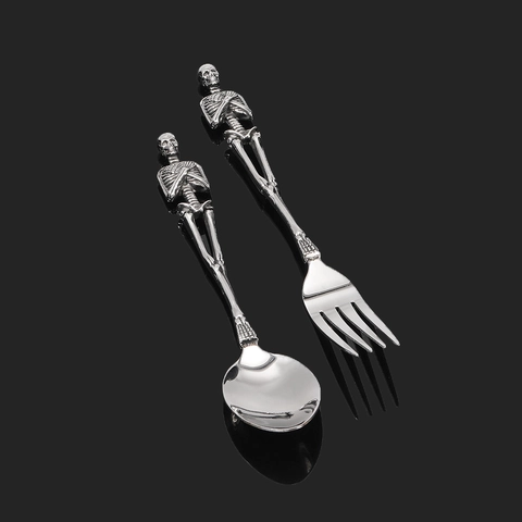 Vintage Gothic Stainless Steel Skull Skeleton Tableware Personality Skeleton Handle Fork Spoon Halloween Party Cutlery
