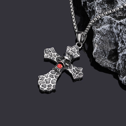 Gotisch Punk Titanstahl Totenkopf Kreuz Anhänger Halskette Mit Rot Blau Strass Retro Distressed Herren Hip Hop Schmuck