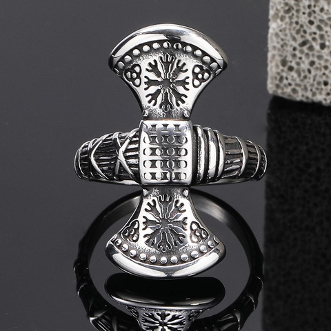 Vintage Viking Rune Compass Axe Ring For Men Stainless Steel Retro Double Axe Biker Ring Nordic Totem Signet Ring Jewelry