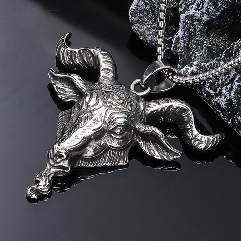Vintage Gothic Baphomet Goat Head Pendant Necklace For Men Titanium Steel Antique Silver Satan Demon Eye Punk Hip Hop Jewelry