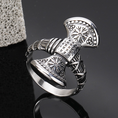 Vintage Viking Rune Compass Axe Ring For Men Stainless Steel Retro Double Axe Biker Ring Nordic Totem Signet Ring Jewelry