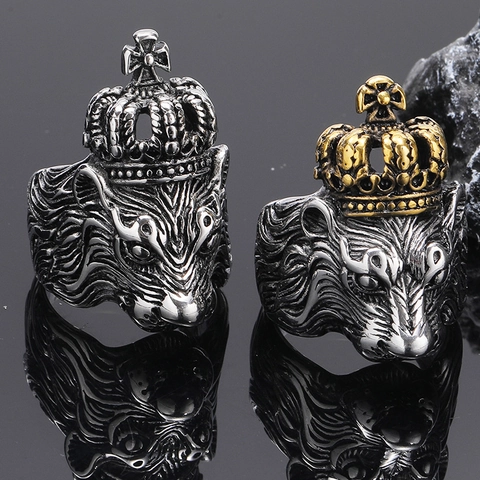 Anello da Uomo Gothic Punk con Testa di Leone e Corona in Acciaio Inossidabile Vintage Biker Anello da Dito Animale Bicolore Oro Argento Gioielli