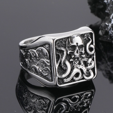 Men's Vintage Gothic Octopus Skull Ring Stainless Steel Punk Hip Hop Biker Signet Ring Retro Embossed Jewelry Gift For Men