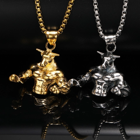 Stainless Steel Muscle Bull Pendant Necklace Hip Hop Punk Retro Gold Silver Plated Animal Muscle Ox Jewelry For Men