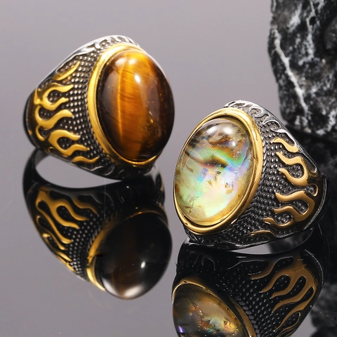 Men's Vintage Punk Flame Ring Stainless Steel With Oval Tiger Eye Turquoise Shell Gemstone Gothic Retro Jewelry Gift