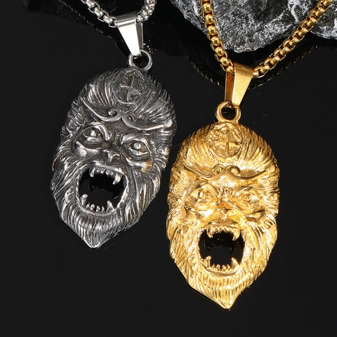 Hip Hop Monkey King Titanium Steel Pendant Necklace Punk Sun Wukong Animal Head Gold Silver Box Chain Necklace For Men Jewelry