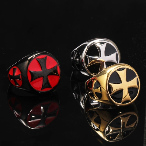 Men Retro Signet Ring Stainless Steel Malta Cross Enamel Punk Hip Hop Gothic Polished Biker Jewelry Accessory