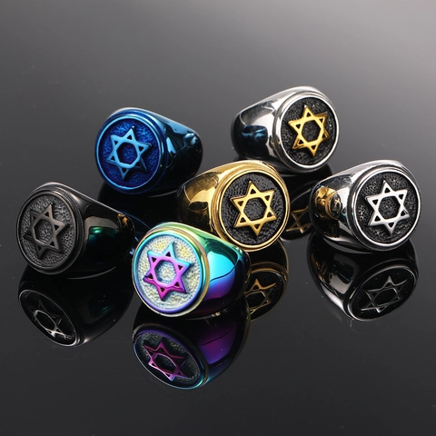 Bague Homme en Acier Titane Étoile de David Vintage Rétro Punk Hexagramme Chevalière pour Hommes Bijoux de Mode