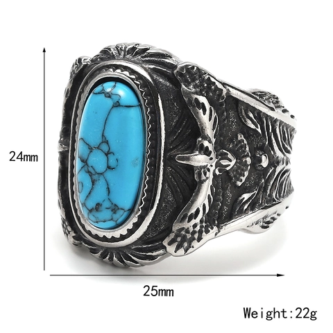 Anillo de Acero de Titanio para Hombre Vintage Con Turquesa Azul Ovalada Patrón de Águila Volante Pluma Joyería Hip Hop Biker