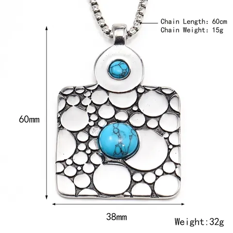 Retro Stainless Steel Square Pendant Necklace For Men Hip Hop Punk Inlaid Artificial Turquoise Malachite Street Jewelry