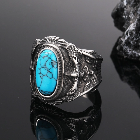 Anillo de Acero de Titanio para Hombre Vintage Con Turquesa Azul Ovalada Patrón de Águila Volante Pluma Joyería Hip Hop Biker
