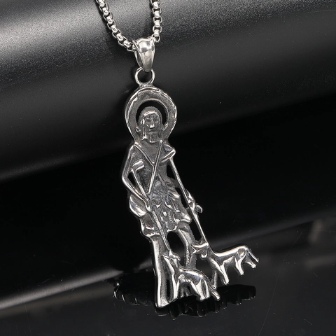 Punk Retro Saint Roch Figure Dog Pendant Titanium Steel Necklace For Men Women Hip Hop Saint Lazarus Religious Charm Polished Jewelry Gift
