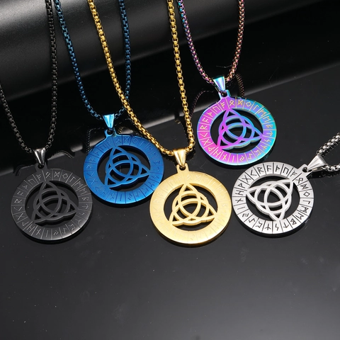 Vintage Nordic Viking Celtic Knot Triquetra Rune Pendant Necklace Titanium Steel Hollow Round Pendant For Men Punk Jewelry