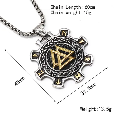 Collana con Ciondolo a Ingranaggio Rune Vichinghe Valknut per Uomo in Acciaio al Titanio Invecchiato Bicolore Stile Mitologia Nordica Punk