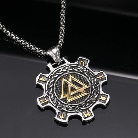 Collana con Ciondolo a Ingranaggio Rune Vichinghe Valknut per Uomo in Acciaio al Titanio Invecchiato Bicolore Stile Mitologia Nordica Punk
