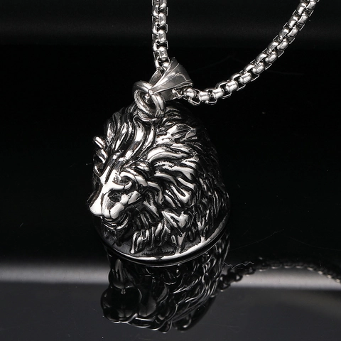 Punk Retro Lion Head Bell Pendant Necklace Men Titanium Steel Gothic Viking Odin Animal Head Bell Pendant Jewelry Gift
