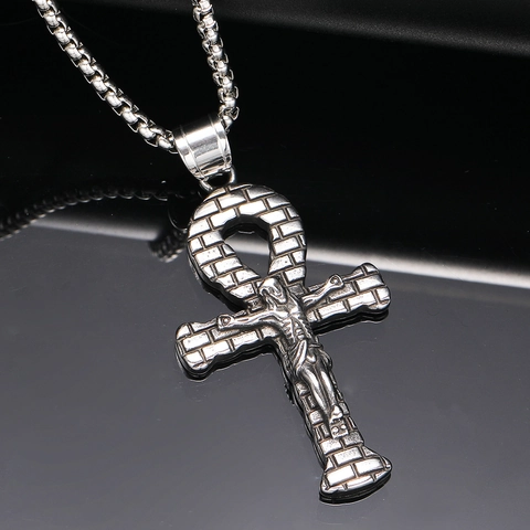 Retro Egyptische Ankh Kruis Jezus Kruisbeeld Hanger Ketting Verouderd Roestvrij Staal Punk Hip Hop Religieuze Sieraden Voor Heren