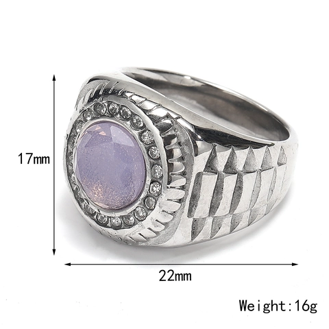 Vintage Stainless Steel Ring For Men With Round Gemstone Rhinestone Halo Stepped Textured Band Hip Hop Fashion Jewelry Ring