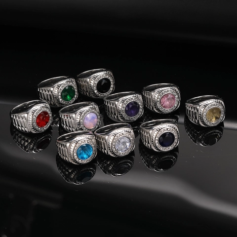 Vintage Stainless Steel Ring For Men With Round Gemstone Rhinestone Halo Stepped Textured Band Hip Hop Fashion Jewelry Ring