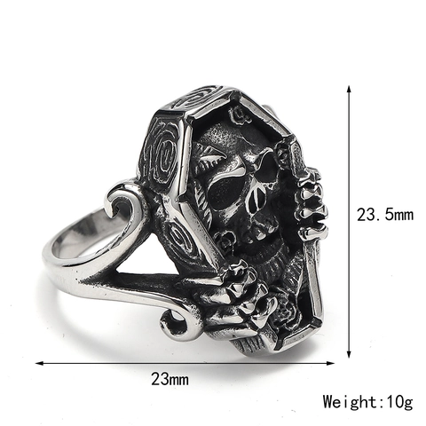 Gothic Coffin Skull Ring For Men Vintage Titanium Steel Distressed Skeleton Punk Rock Biker Jewelry Halloween Ring Gift