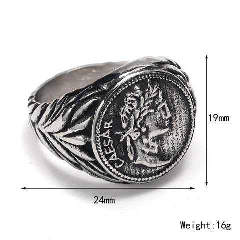 Vintage Julius Caesar Coin Ring Titanium Steel Roman Emperor Portrait Relief Laurel Leaf Punk Hip Hop Jewelry For Men