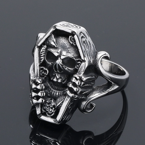 Gothic Coffin Skull Ring For Men Vintage Titanium Steel Distressed Skeleton Punk Rock Biker Jewelry Halloween Ring Gift