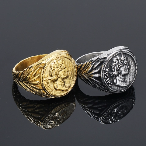 Vintage Julius Caesar Coin Ring Titanium Steel Roman Emperor Portrait Relief Laurel Leaf Punk Hip Hop Jewelry For Men