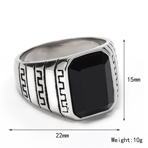 Herren Titanstahl Ring Rechteckiger Schwarzer Zirkonia Griechischer Mäander Muster Vintage Punk Hip Hop Siegelring Schmuck